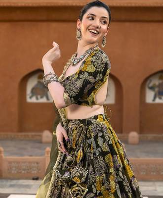 green digital print chanderi silk lehenga with unstitched blouse and organza dupatta 4
