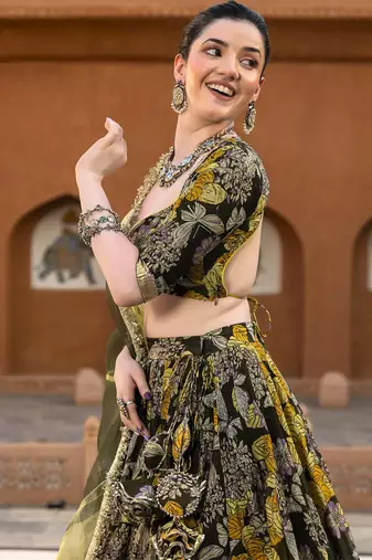 green digital print chanderi silk lehenga with unstitched blouse and organza dupatta