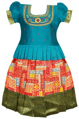 Green embroidery silk pattu pavadai lehenga choli dress for girls baby