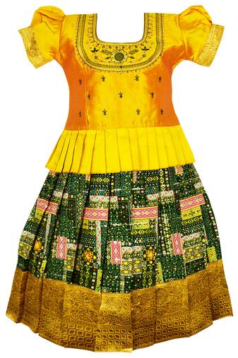Yellow embroidery silk pattu pavadai lehenga choli dress for girls baby