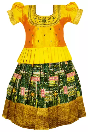 Yellow embroidery silk pattu pavadai lehenga choli dress for girls baby