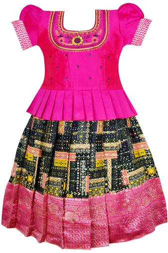 Pink embroidery silk pattu pavadai lehenga choli dress for girls baby