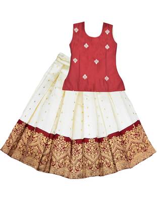 red cream zari woven art silk pattu pavadai lehenga set 1