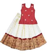 red cream zari woven art silk pattu pavadai lehenga set