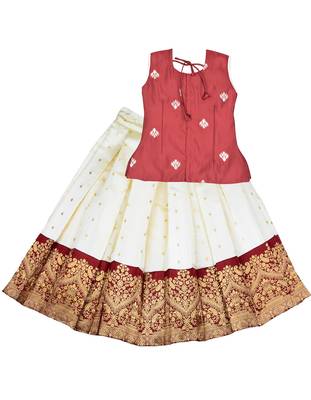 red cream zari woven art silk pattu pavadai lehenga set 2