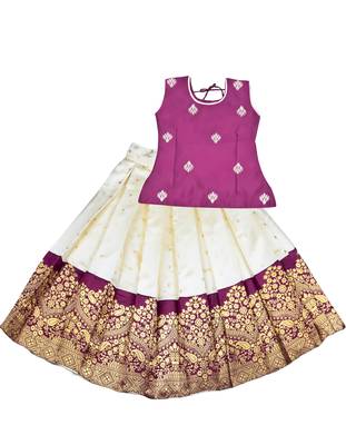 purple cream zari woven art silk pattu pavadai lehenga set 1