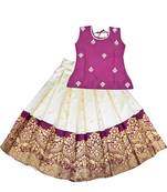purple cream zari woven art silk pattu pavadai lehenga set