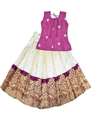 purple cream zari woven art silk pattu pavadai lehenga set 2