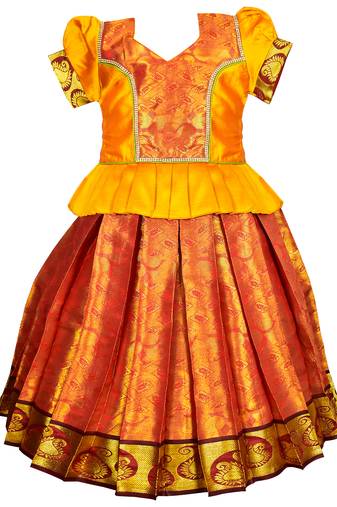 Golden jacquard silk cotton traditional lehenga choli pattu pavadai dress for girls kids