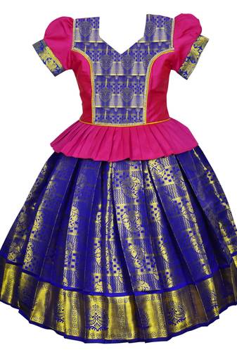 Pink jacquard silk cotton traditional lehenga choli pattu pavadai dress for girls kids