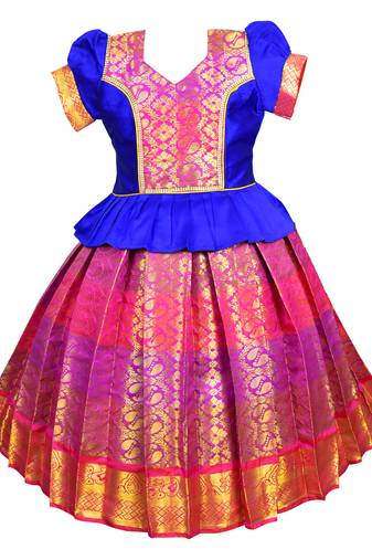 Blue jacquard silk cotton traditional lehenga choli pattu pavadai dress for girls kids