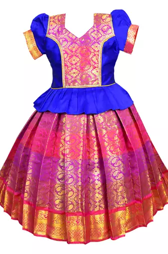 Blue jacquard silk cotton traditional lehenga choli pattu pavadai dress for girls kids