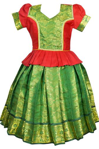 Red jacquard silk cotton traditional lehenga choli pattu pavadai dress for girls kids