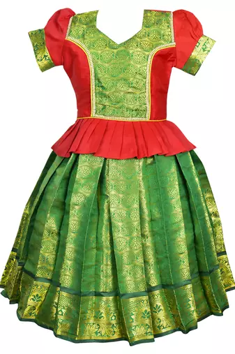 Red jacquard silk cotton traditional lehenga choli pattu pavadai dress for girls kids