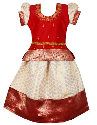 Baby girls south indian red pattu pavadai lehenga choli set for kids 1