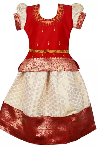 Baby girls south indian red pattu pavadai lehenga choli set for kids