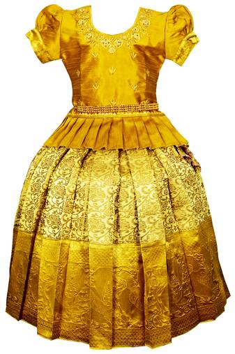 Gold embroidery silk cotton traditional lehenga choli pattu pavadai dress for girls kids