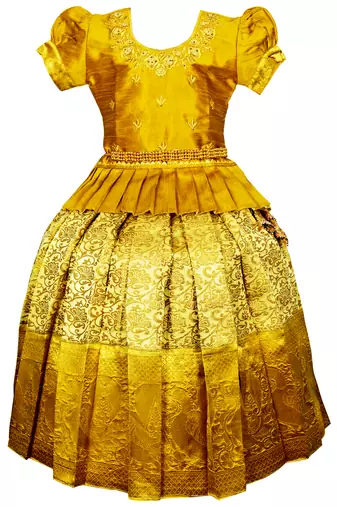 Gold embroidery silk cotton traditional lehenga choli pattu pavadai dress for girls kids