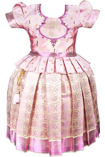 Pink embroidery silk cotton traditional lehenga choli pattu pavadai dress for girls kids