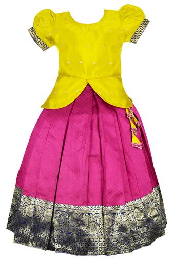 Green zari work tapeta silk traditional lehenga choli pattu pavadai for kids girls