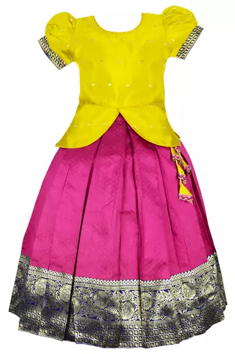 Green zari work tapeta silk traditional lehenga choli pattu pavadai for kids girls