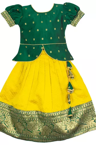 Green zari work tapeta silk traditional lehenga choli pattu pavadai for kids girls