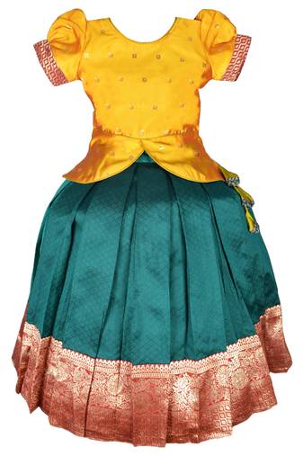 Gold zari work tapeta silk traditional lehenga choli pattu pavadai for kids girls