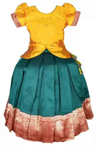Gold zari work tapeta silk traditional lehenga choli pattu pavadai for kids girls