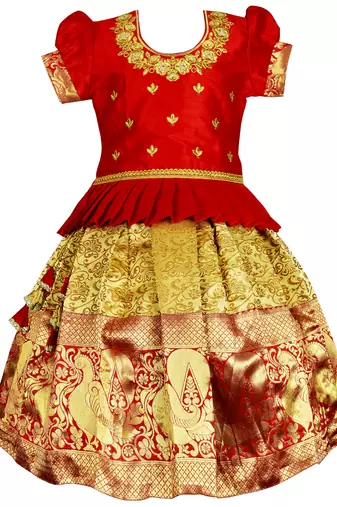 Red embroidery silk cotton traditional lehenga choli pattu pavadai dress for girls kids