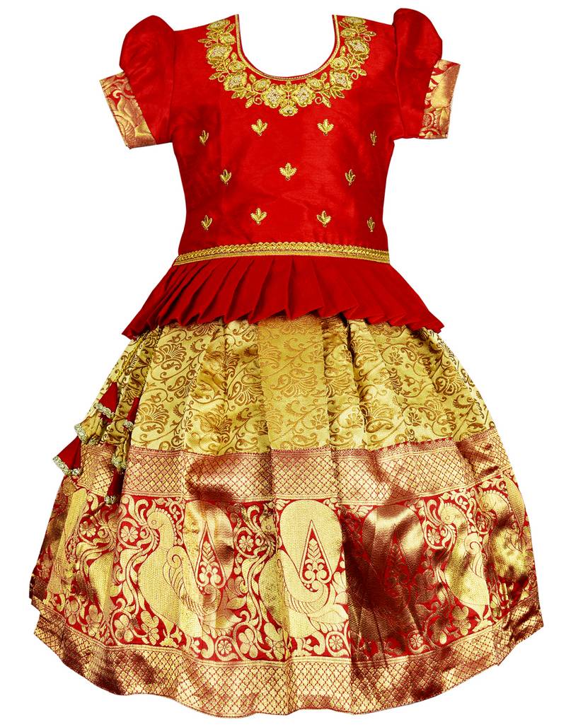 Red embroidery silk cotton traditional lehenga choli pattu pavadai dress for girls kids