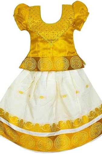Baby girls kerala cotton cream pattu pavadai lehenga choli set for kids