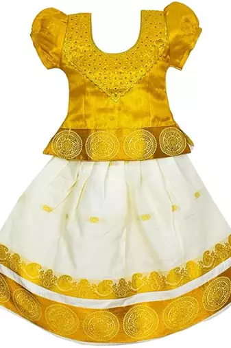 Baby girls kerala cotton cream pattu pavadai lehenga choli set for kids