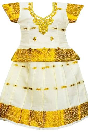 Baby girls kerala cotton cream pattu pavadai lehenga choli set for kids