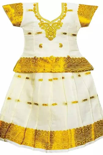 Baby girls kerala cotton cream pattu pavadai lehenga choli set for kids