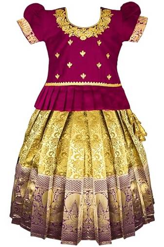 Purple embroidery silk cotton traditional lehenga choli pattu pavadai dress for girls kids