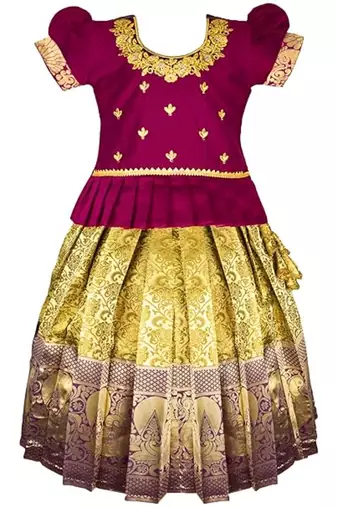 Purple embroidery silk cotton traditional lehenga choli pattu pavadai dress for girls kids