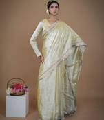 neon yellow handwoven tissue saree with matte gold lace