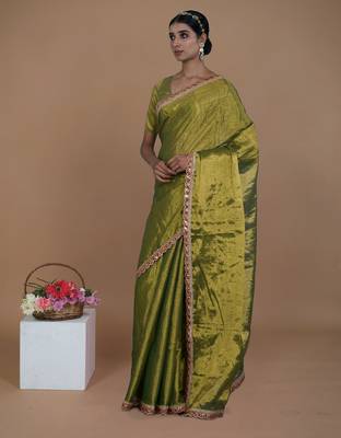 green handwoven tissue saree with scalloped lace 2