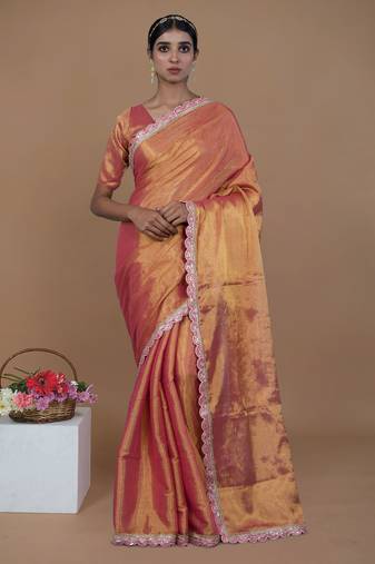 pink handwoven tissue saree with scalloped lace
