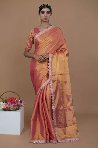 pink handwoven tissue saree with scalloped lace