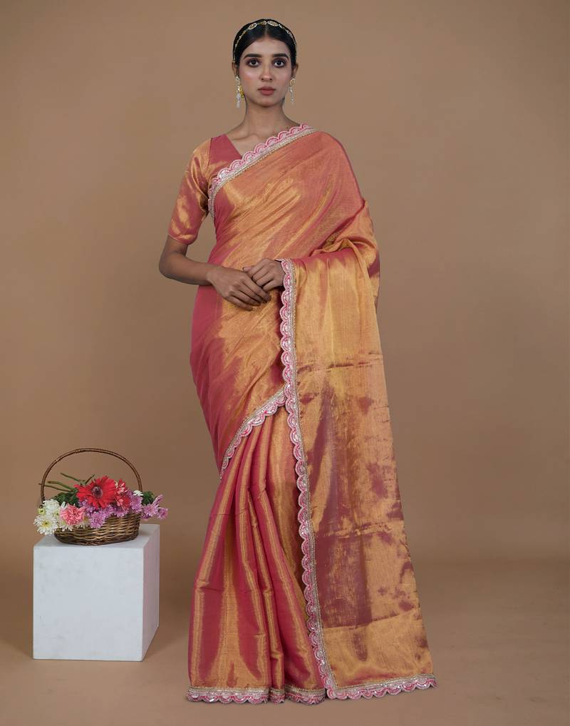 pink handwoven tissue saree with scalloped lace