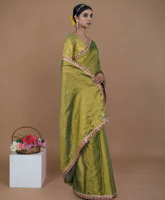 green handwoven tissue saree with scalloped lace 4