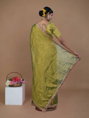 green handwoven tissue saree with scalloped lace 5