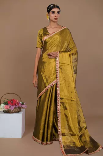 golden handwoven tissue saree with red scalloped lace