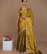 golden handwoven tissue saree with red scalloped lace