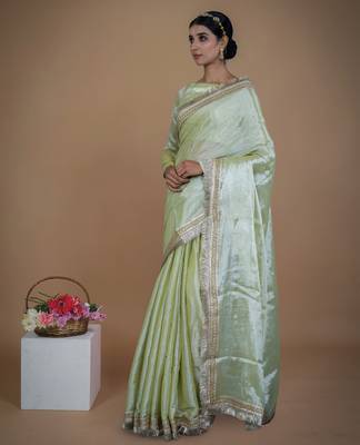 olive handwoven tissue saree with matte gold lace 2
