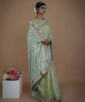 olive handwoven tissue saree with matte gold lace 3