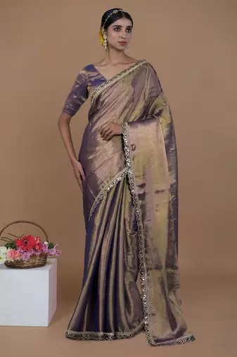 purple handwoven tissue saree with scalloped lace