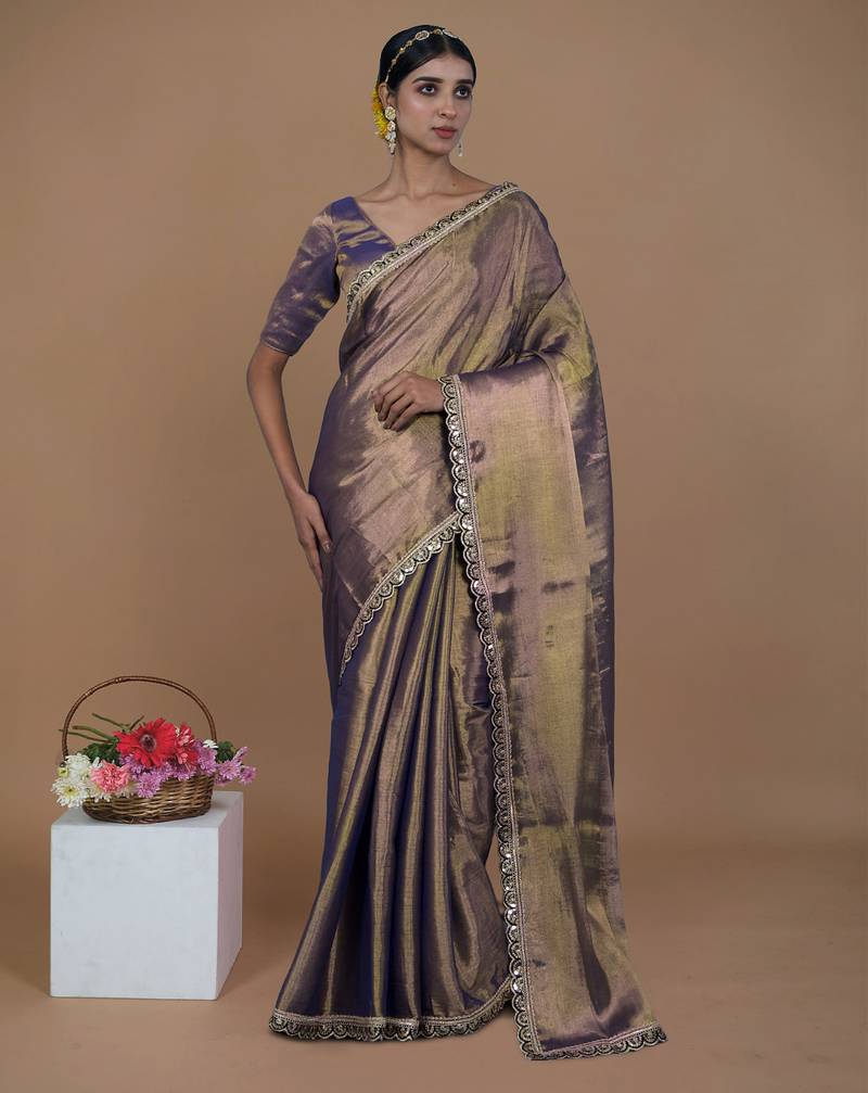 purple handwoven tissue saree with scalloped lace