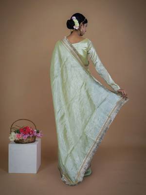 olive handwoven tissue saree with matte gold lace 4